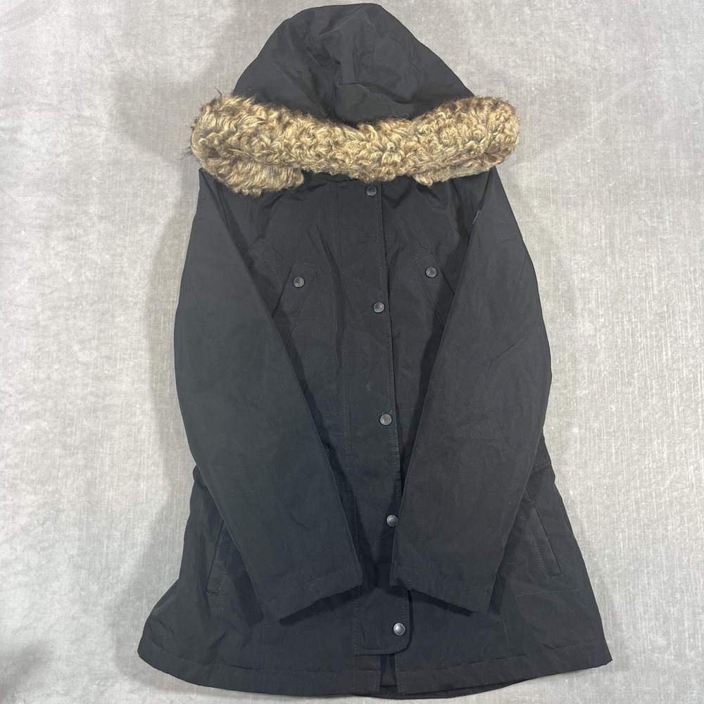 Nautica Women's Small Black Parka Jacket Faux Fur Hood Quilted Winter Coat